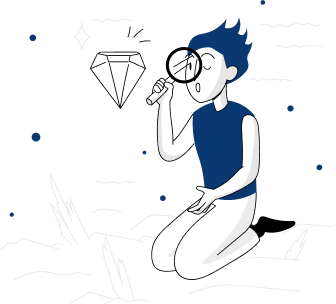 desenho de um rapaz ajoelhado no chão, segurando uma lupa perto de seu olho, observando um diamante
